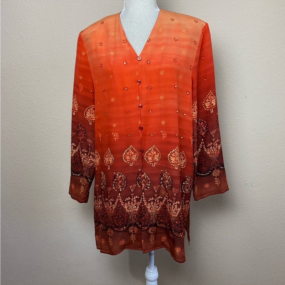 Vintage Diane Gilman Orange & Rust Sequin Button Front Tunic Top Size Medium - Picture 3 of 8